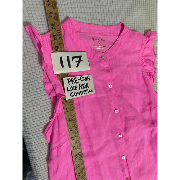 Lilly Pulitzer Sleeveless Pink Blouse Small Ruffled 100% Linen Button-Down - Picture 4 of 8